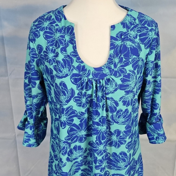 ARYEH | ROUND SPLIT SCOOP NECK ELBOW BELL SLEEVE FLORAL DRESS - Picture 6 of 13